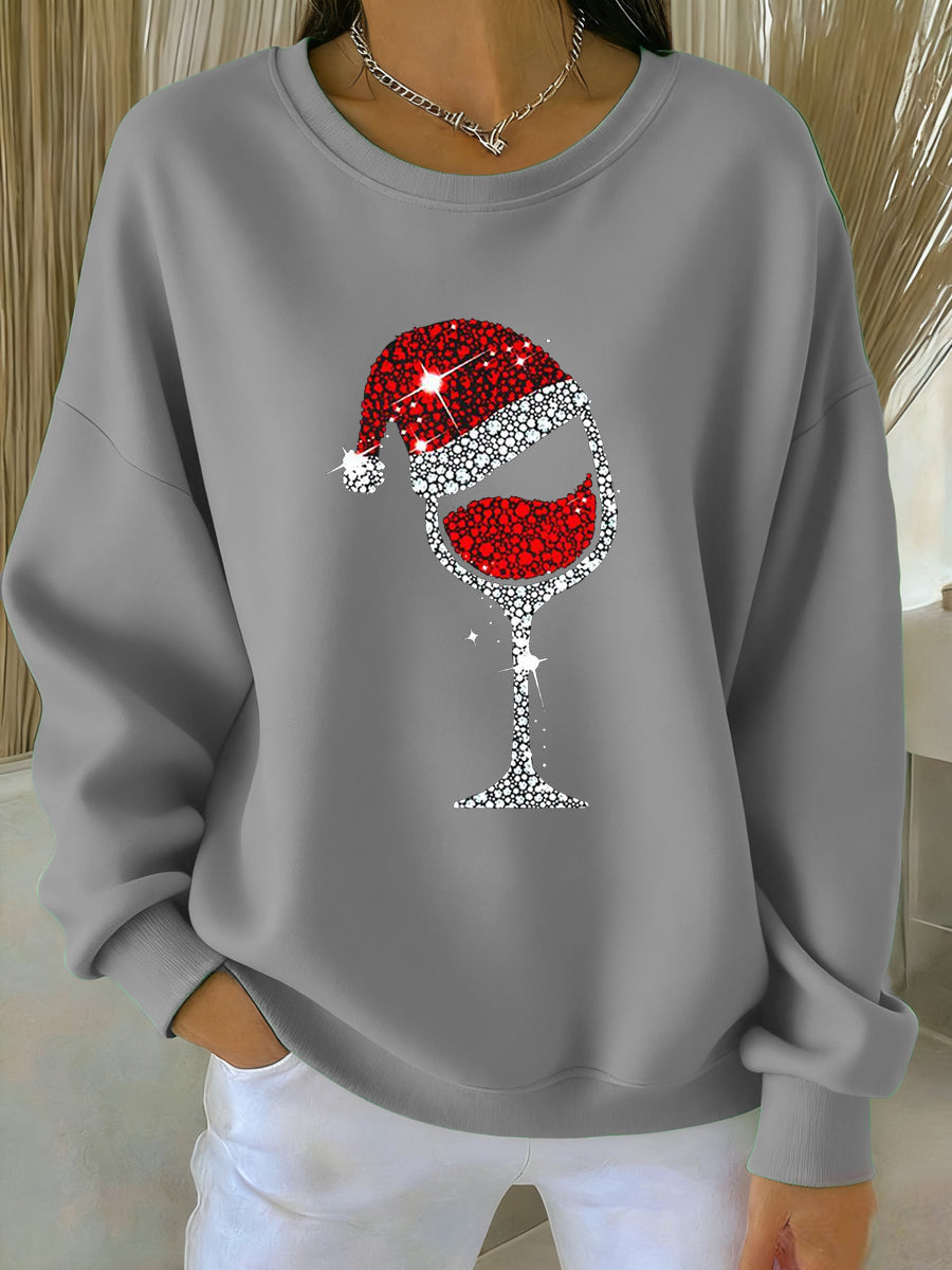 Women’s Christmas Red Wine Glass Print Casual Sweatshirt Light Gray / S