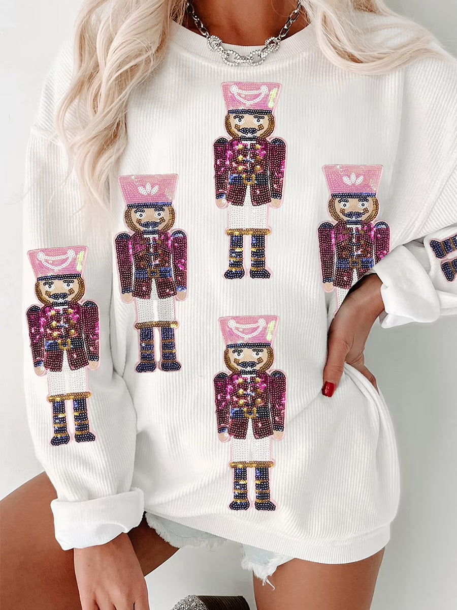 Women's Merry Christmas Print Ribbed Round-Neck Sweatshirt