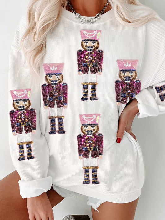 Women's Merry Christmas Print Ribbed Round-Neck Sweatshirt