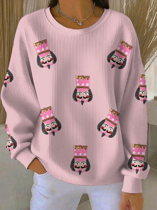 Women's Merry Christmas Print Ribbed Round-Neck Sweatshirt