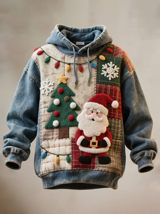 Men's Christmas Santa Felt Art Vintage Washed Hoodie