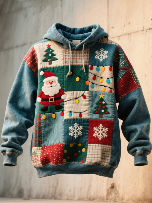 Men's Christmas Inspired Patchwork Art Washed Hoodie