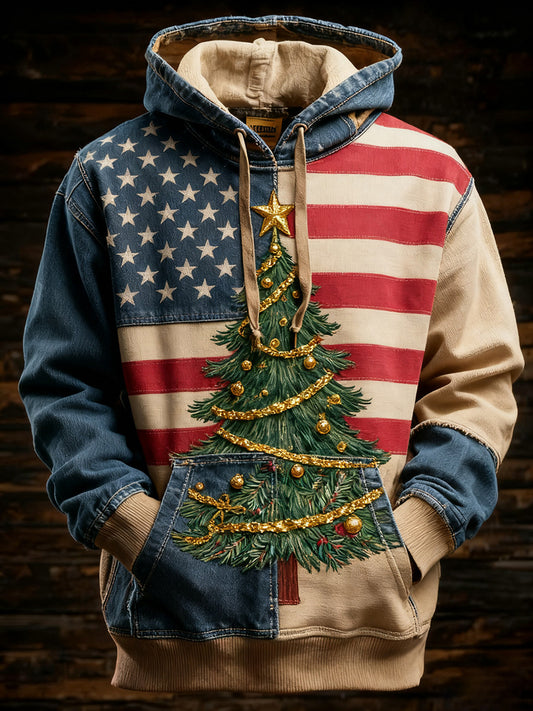 Men's Retro American Flag Christmas Tree Printed Hoodie