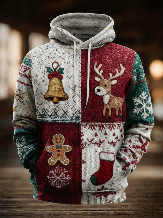 Men's Vintage Christmas Print Oversized Drop-Shoulder Hoodie with Pockets