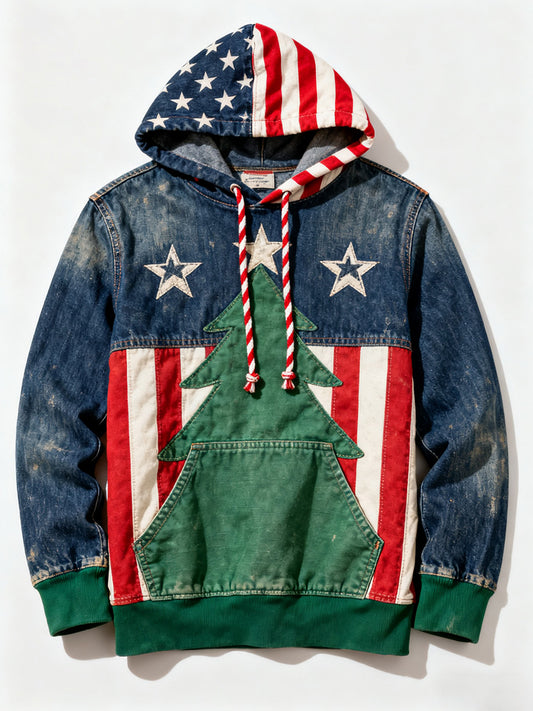 Men's Retro American Flag Christmas Tree Printed Hoodie