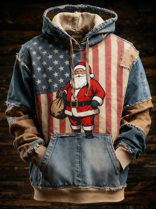 Men's Retro American Flag Christmas Santa Claus Printed Hoodie