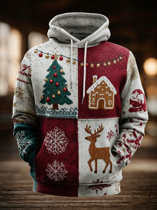Men's Vintage Christmas Print Oversized Drop-Shoulder Hoodie with Pockets