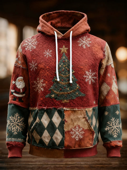 Men's Vintage Christmas Print Oversized Drop-Shoulder Hoodie with Pockets
