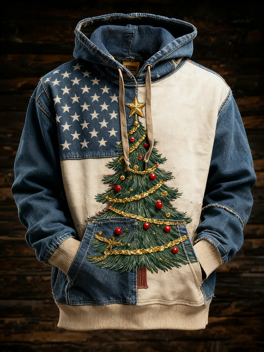 Men's Retro American Flag Christmas Tree Printed Hoodie