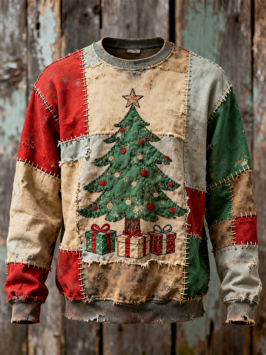 Men's Vintage Christmas Tree Patchwork Print Casual Sweatshirt