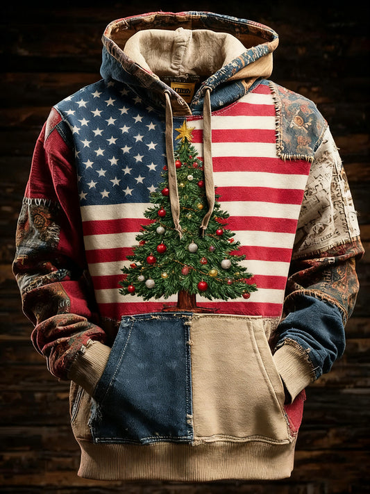 Men's Retro American Flag Christmas Tree Printed Hoodie