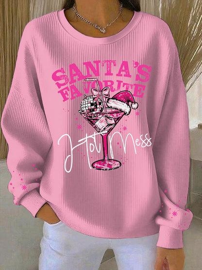 Women's Santa's Favorite Printed Ribbed Round-Neck Sweatshirt