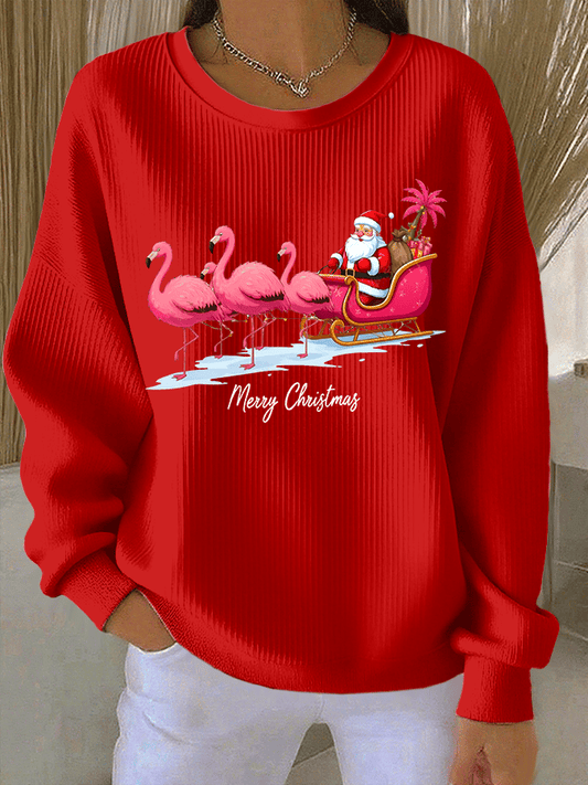 Women's Santa Claus Printed Ribbed Round-Neck Sweatshirt