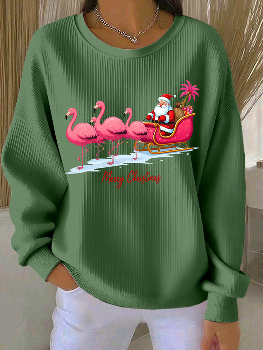 Women's Santa Claus Printed Ribbed Round-Neck Sweatshirt