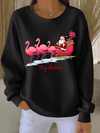 Women's Santa Claus Printed Ribbed Round-Neck Sweatshirt