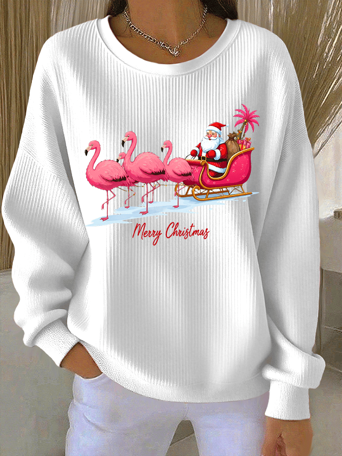 Women's Santa Claus Printed Ribbed Round-Neck Sweatshirt