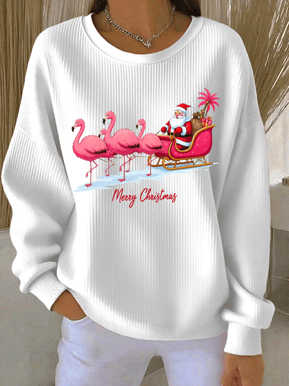Women's Santa Claus Printed Ribbed Round-Neck Sweatshirt