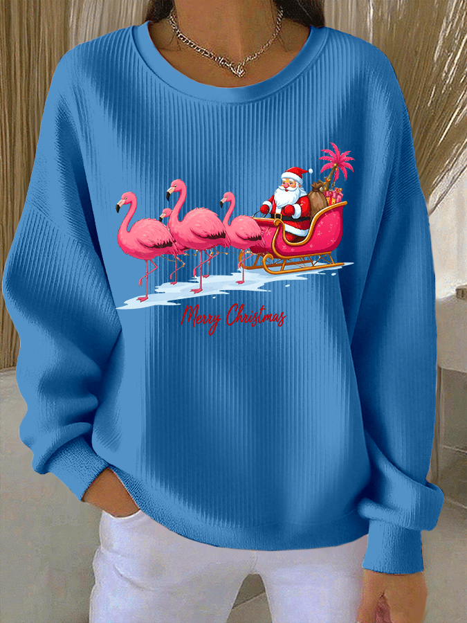 Women's Santa Claus Printed Ribbed Round-Neck Sweatshirt
