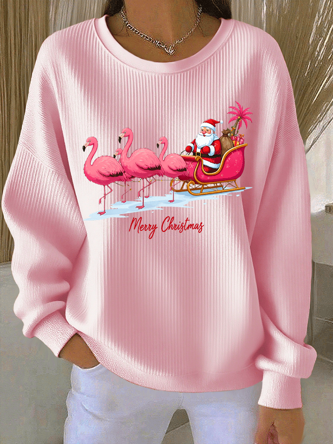 Women's Santa Claus Printed Ribbed Round-Neck Sweatshirt