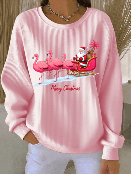 Women's Santa Claus Printed Ribbed Round-Neck Sweatshirt