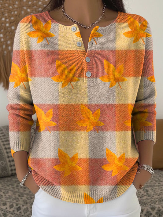 Women's Thanksgiving Maple Leaf Plaid Art V-Neck Sweater