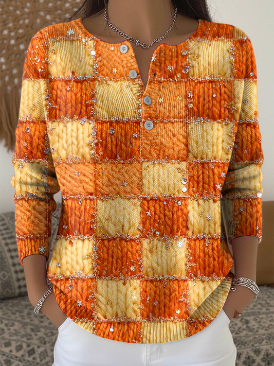 Women's Thanksgiving Gradient Plaid Art V-Neck Sweater