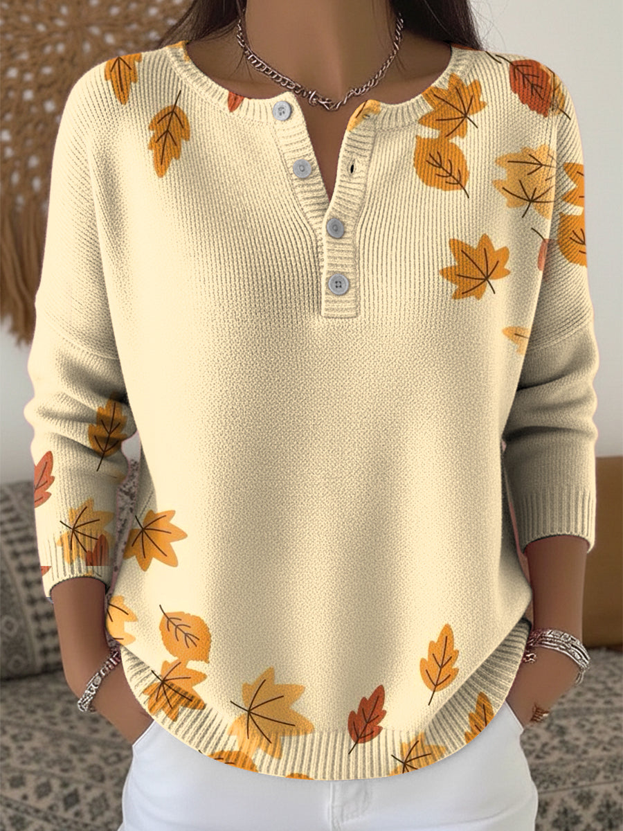 Women's Thanksgiving Gradient Maple Leaf Art V-Neck Sweater
