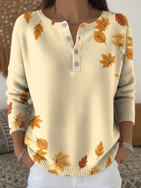 Women's Thanksgiving Gradient Maple Leaf Art V-Neck Sweater