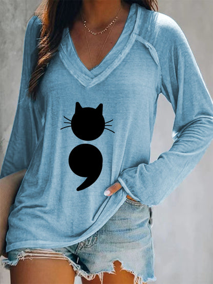 Women's Cat Print V-Neck Long Sleeve T-Shirt