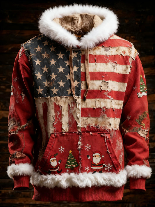Men's Retro American Flag Christmas Santa Claus Printed Hoodie
