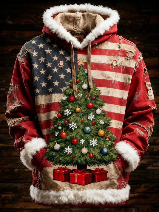Men's Retro American Flag Christmas Tree Printed Hoodie