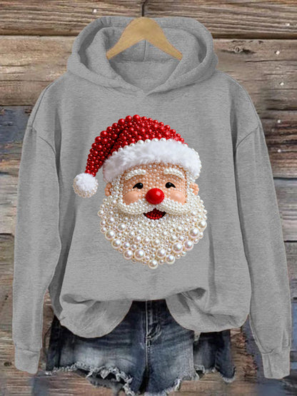 Women's Christmas Pearl Santa Claus Print Casual Hoodie