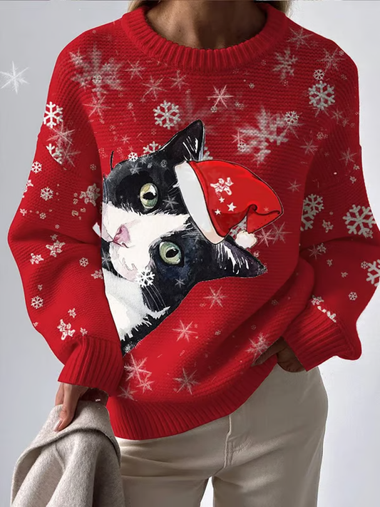 Women's Christmas cat Printed  imitation sweater