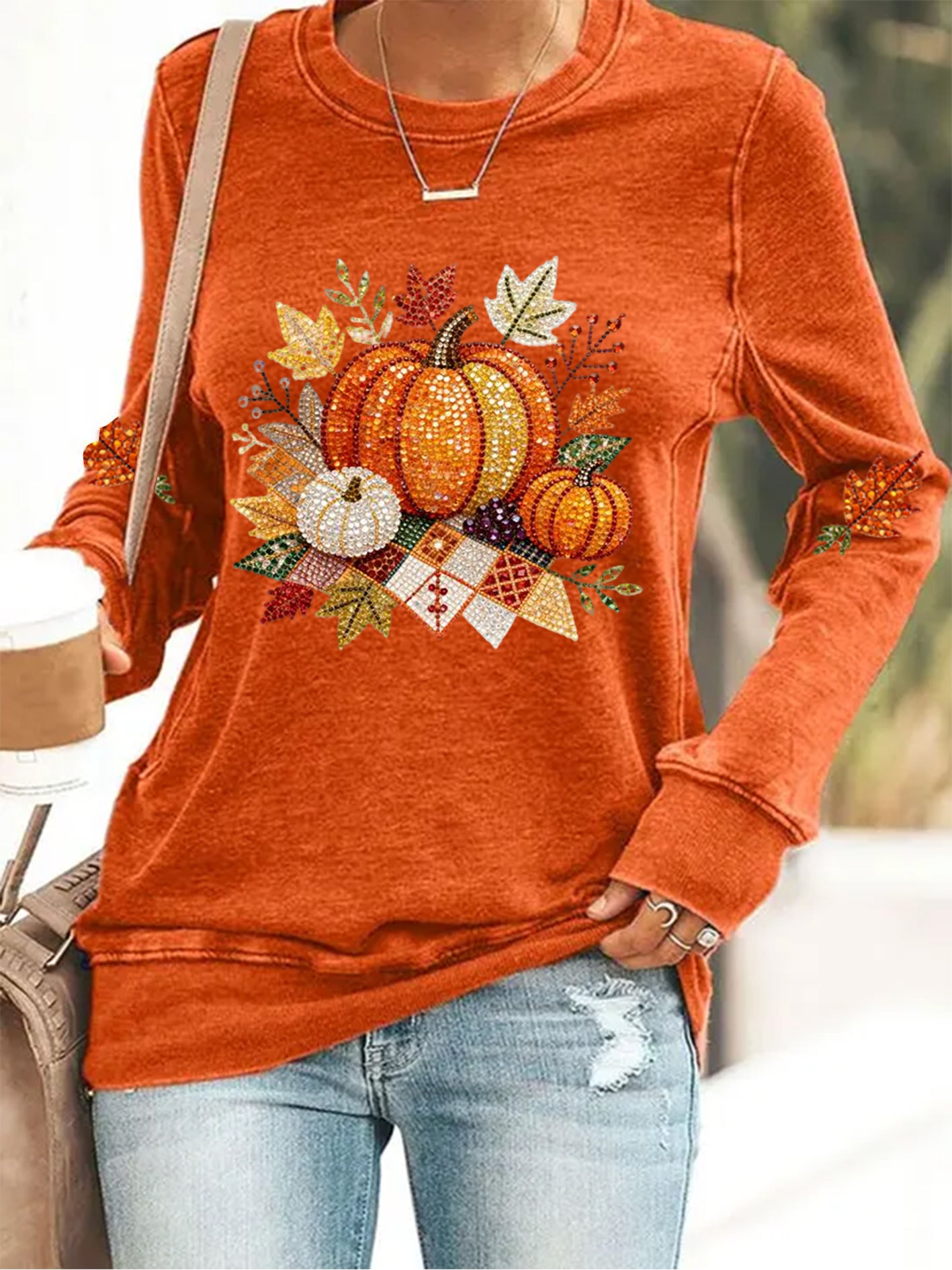 Women’s Thanksgiving Print Sweatshirt Orange / S