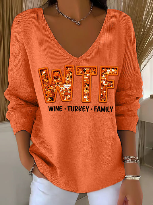 Women's WTF Wine Turkey Family Funny Thanksgiving Long-Sleeve Top