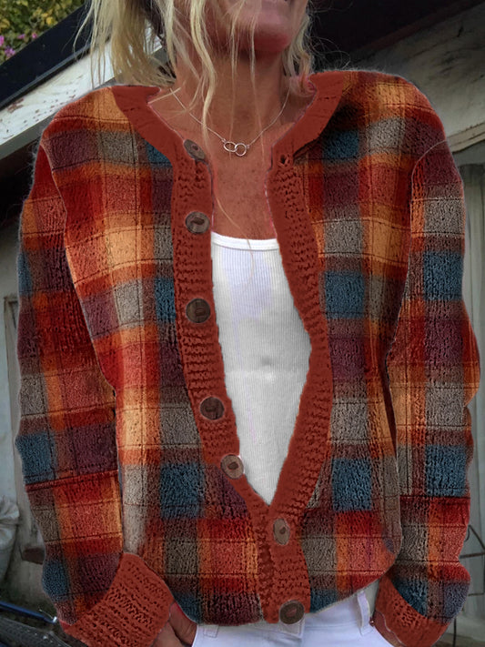 Women's Autumn Thanksgiving Plaid  Cardigan-Style Knit Jacket