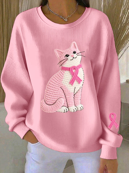 Women's Breast Cancer Awareness Cat Pattern Sweatshirt