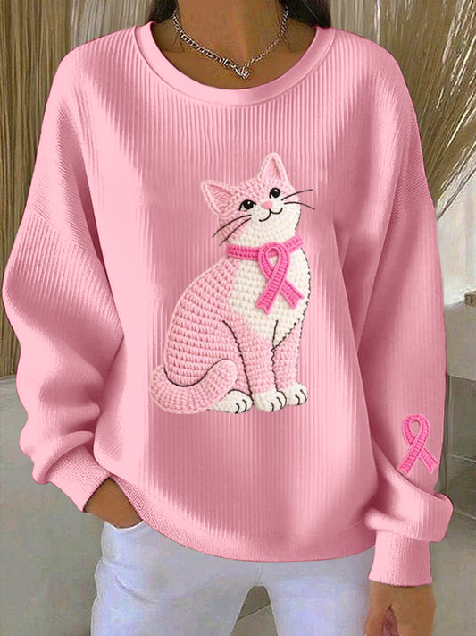Women's Breast Cancer Awareness Cat Pattern Sweatshirt