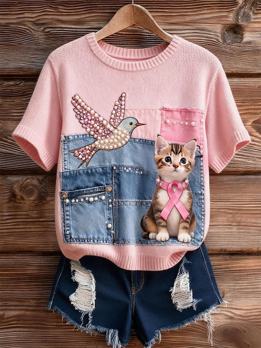 Women's Hummingbird Cat Breast Cancer Awareness Tops