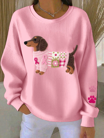 Women's Breast Cancer Awareness Dachshund Felt Art Sweatshirt