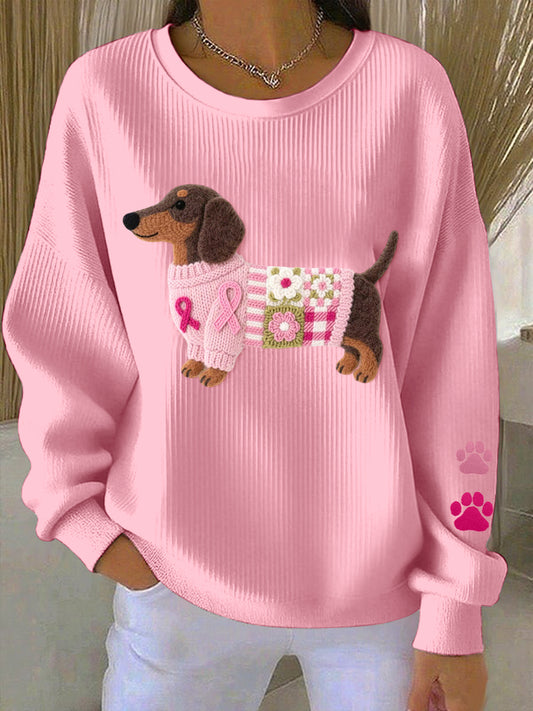 Women's Breast Cancer Awareness Dachshund Felt Art Sweatshirt