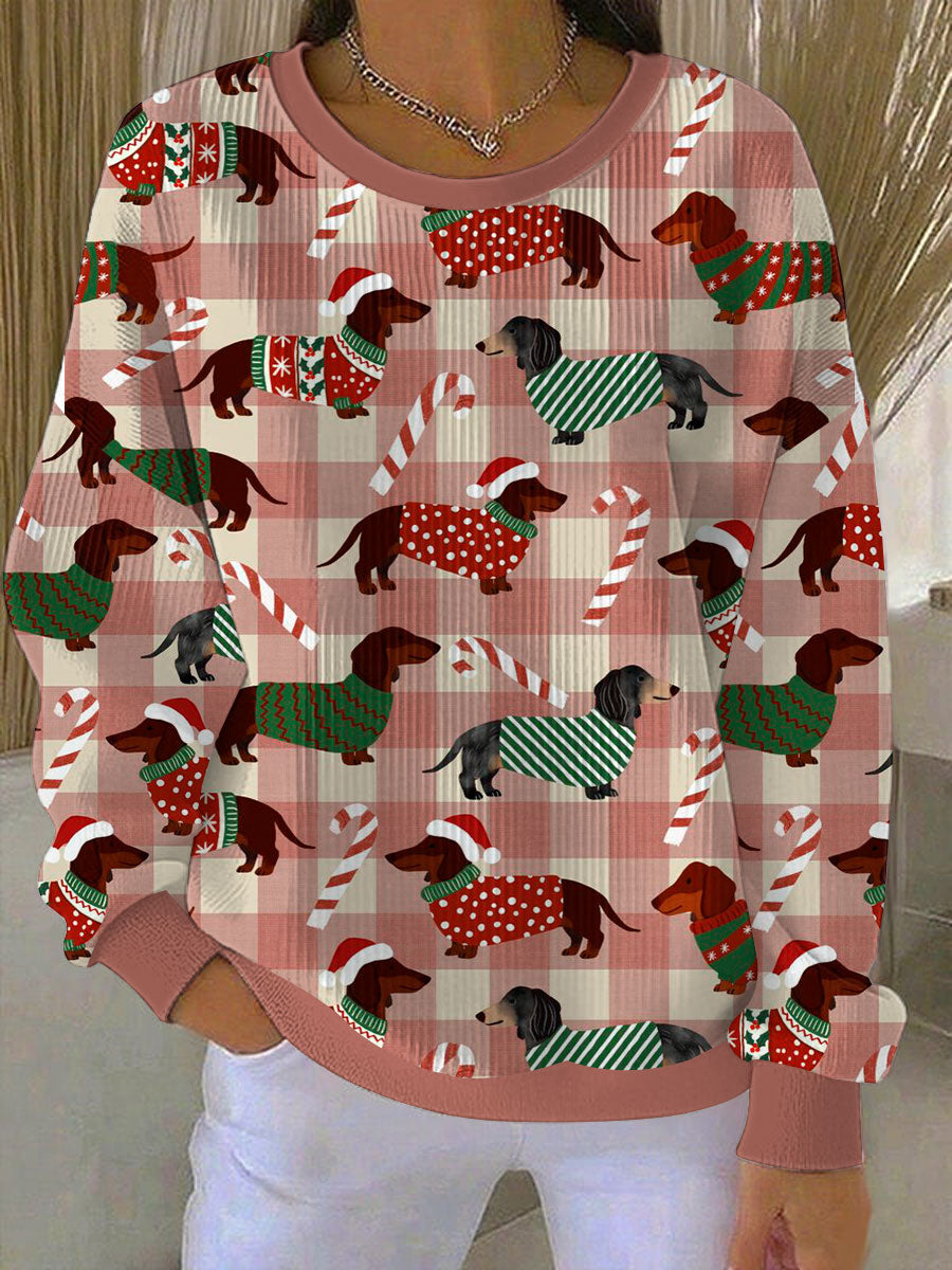 Women's Christmas Dachshund Ribbed Round-Neck Sweatshirt