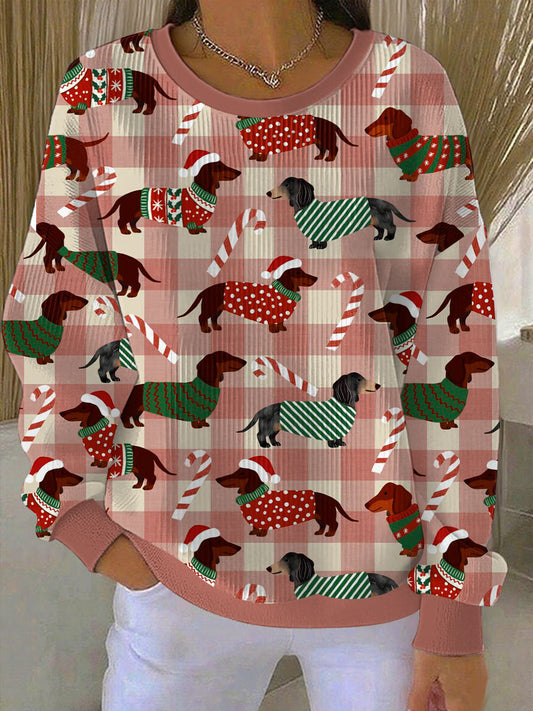Women's Christmas Dachshund Ribbed Round-Neck Sweatshirt