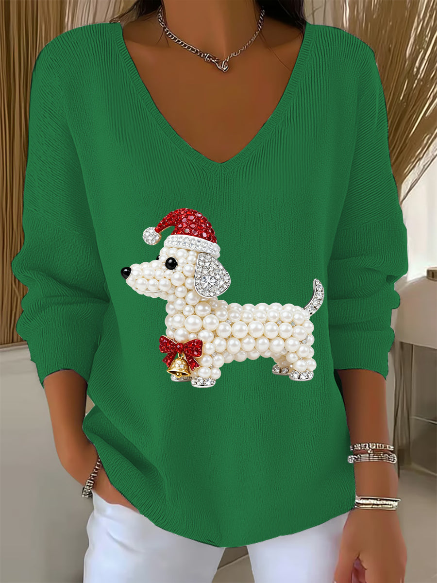 Women's Christmas Dog Art  V-Neck Ribbed Top