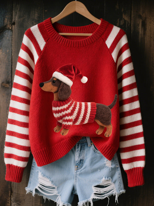 Women's Christmas Dachshund Felt Art Cozy Knit Sweater