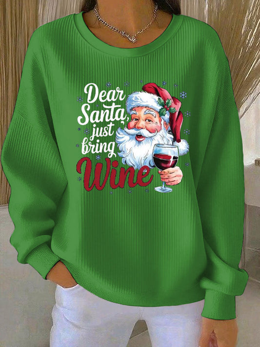 Women's Santa Claus print Ribbed Round-Neck Sweatshirt