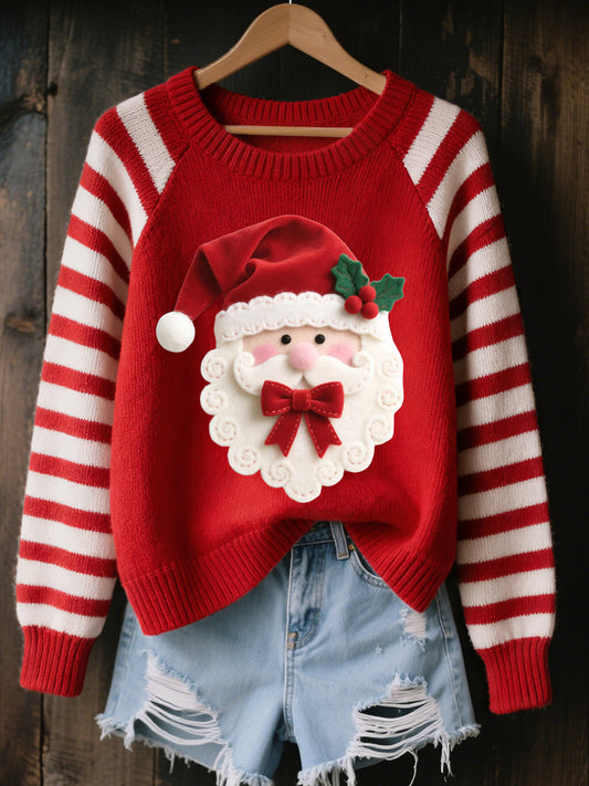 Women's Christmas Santa Felt Art Cozy Knit Sweater