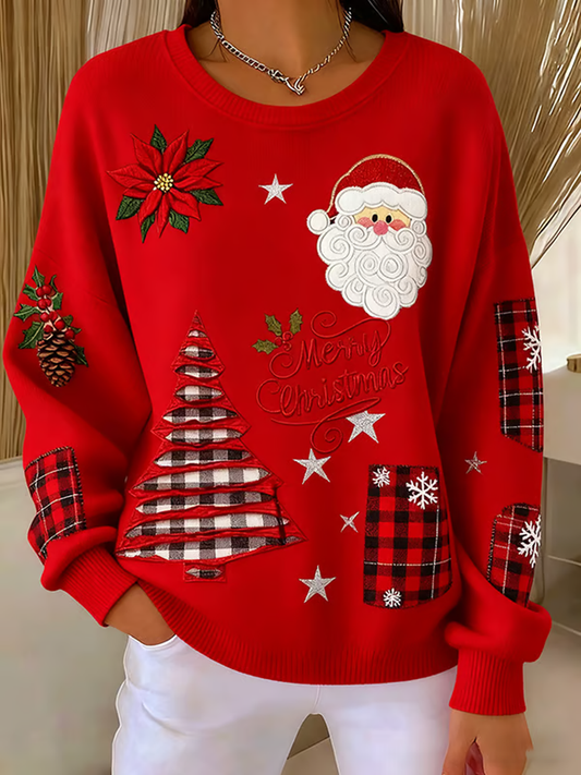Women's Santa Claus print Ribbed Round-Neck Sweatshirt