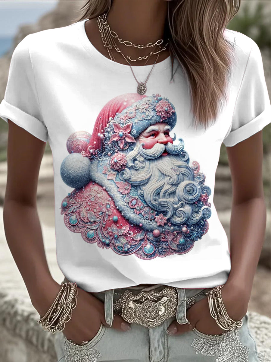 Womens' Christmas Santa Claus Printed Vintage Fashion Loose Short Sleeve T-Shirt