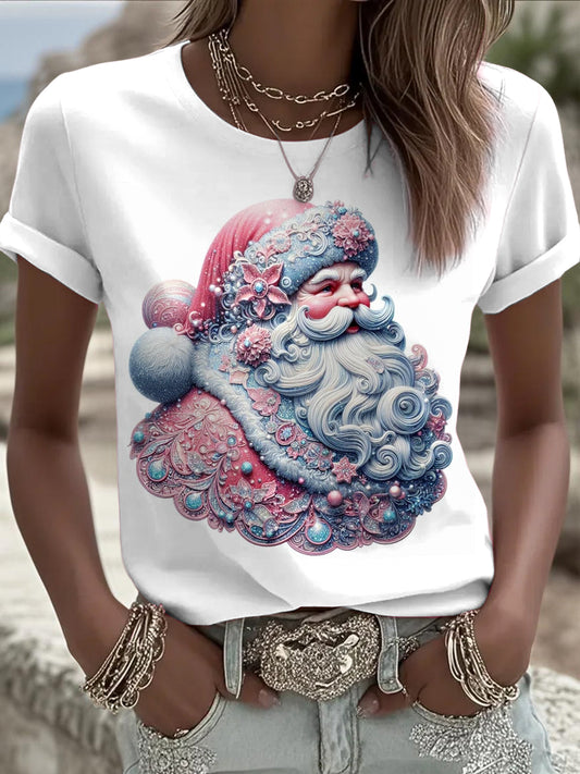 Womens' Christmas Santa Claus Printed Vintage Fashion Loose Short Sleeve T-Shirt